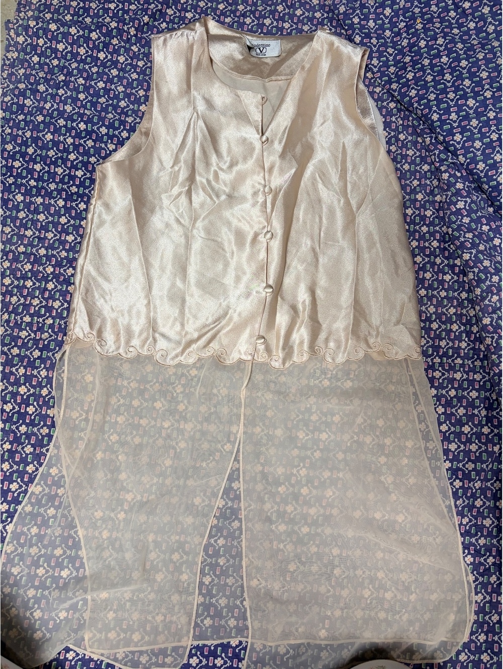 Vintage Valentino Intimo Champagne Satin Mesh Button Down Sleepwear Top Lingerie